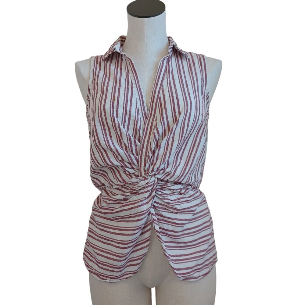 Harve Benard Linen Top Red Stripe Sleeveless Popover V‎ Neck Womens Small